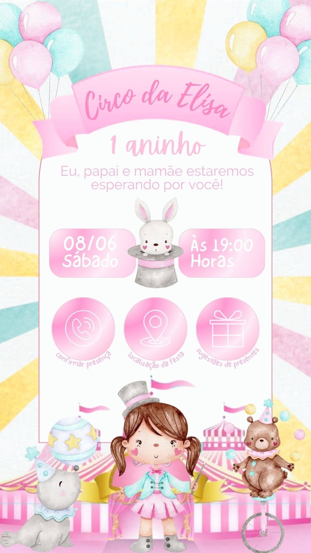 Circo Rosa Meninas: Convite Virtual Divertido para Festa Infantil
 - circo rosa, tema circo, festa infantil, palhaços, animais do circo, decoração rosa e amarelo, tema meninas, aniversário circo, convite virtual circo, festa circo rosa, tema colorido e animado